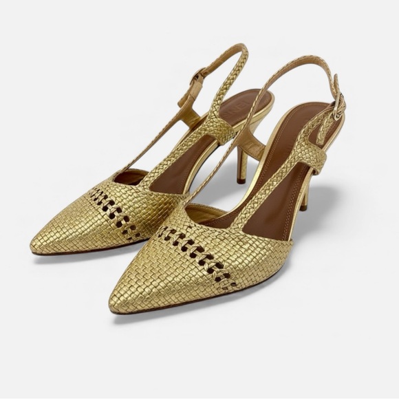 SOULIERS MARTINEZ- Ebro Woven Slingback Metallic Gold Pumps - Picture 1 of 8